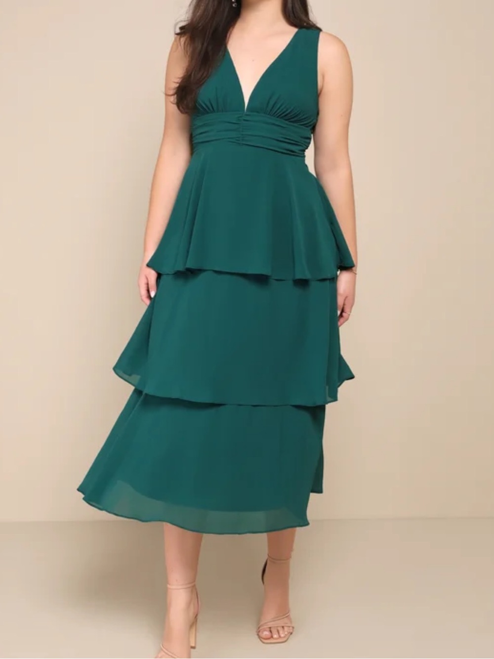 Sleeveless V-Neck Tiered Midi Dress in green